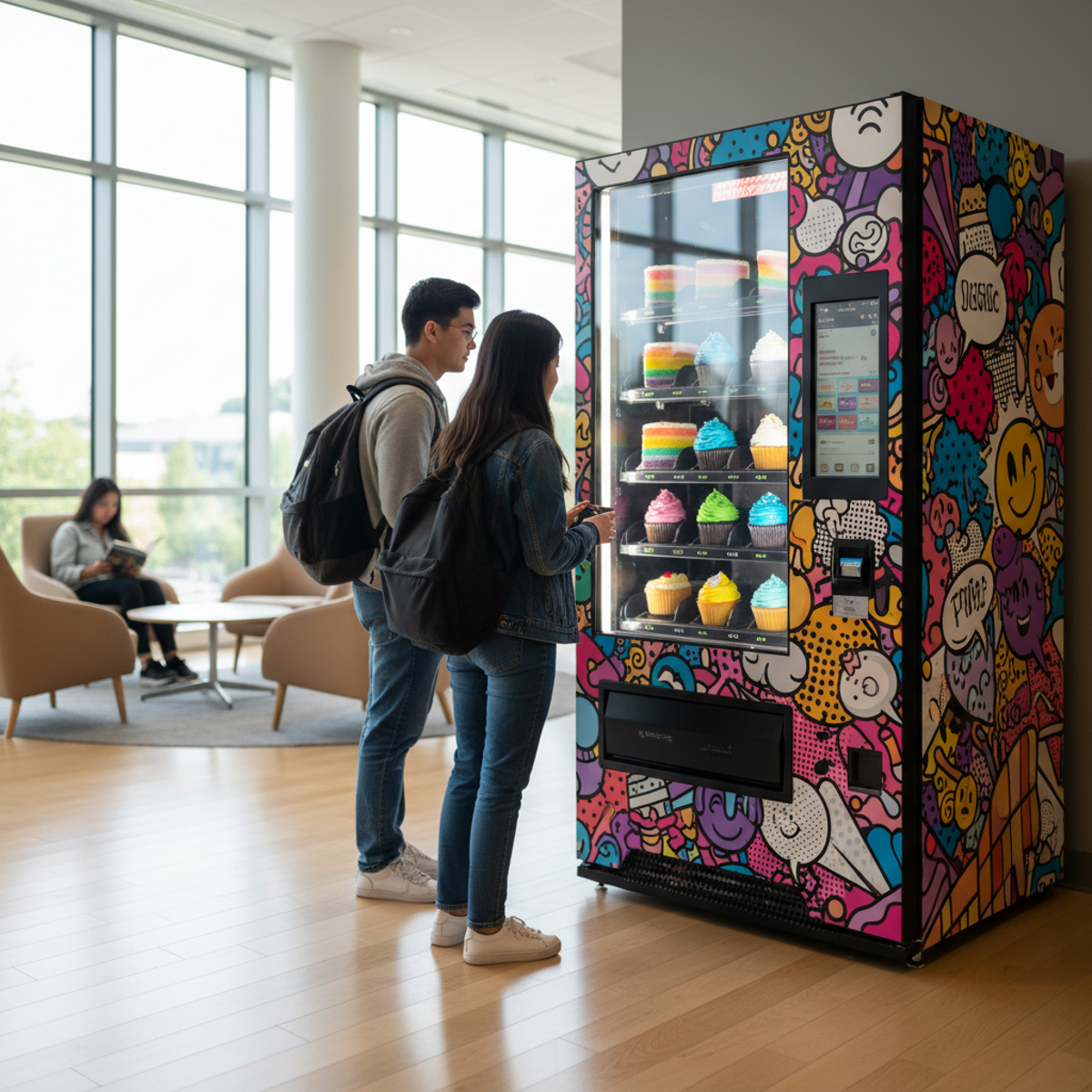 Pop-art cake vending machine in a modern library dispensing colorful desserts.