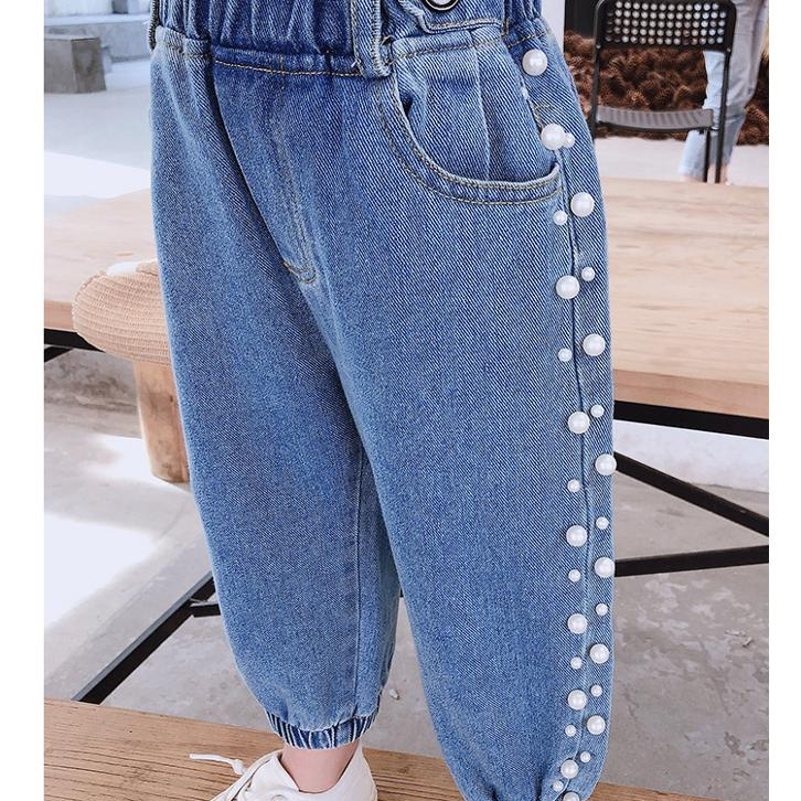Осень 2020, корейские Детские светлые повседневные брюки с бисером, длинные джинсы для девочек с жемчужинами