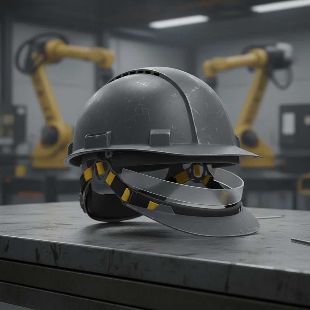 Industrial hard hat with advanced rotational impact protection on a metallic workbench.
