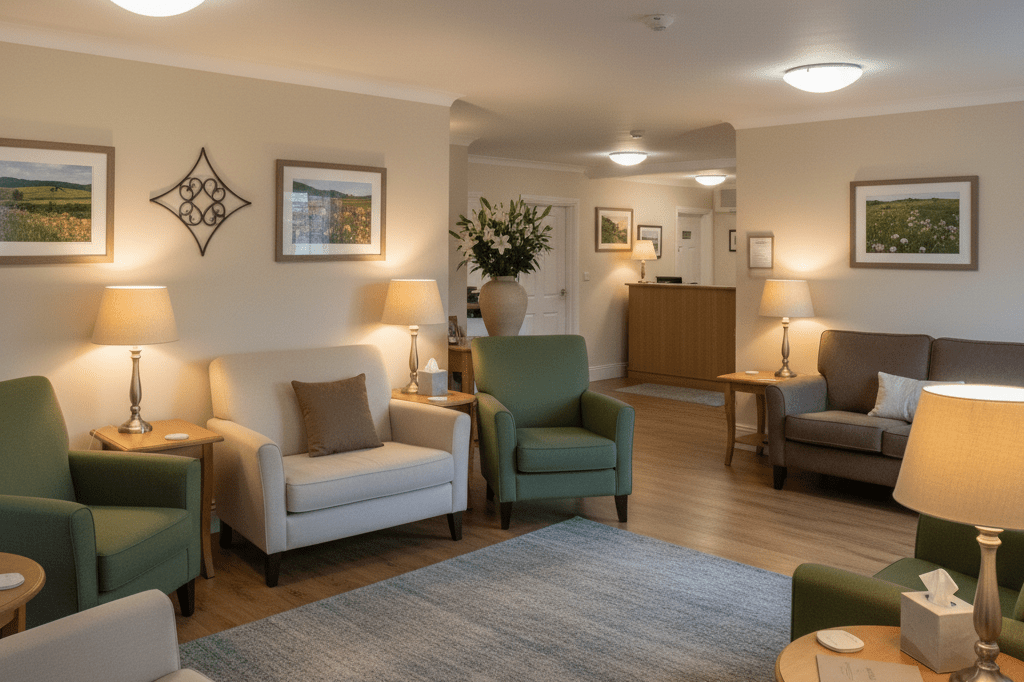 Comfortable seating area in a Shropshire funeral home lit by ambient light, symbolizing emotional support and lasting relationships