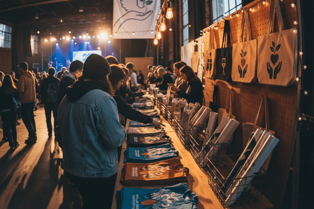 Wide shot of a charity concert merch booth with attendees browsing products under warm ambient lighting