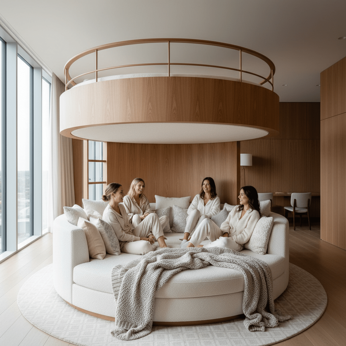 Luxurious circular bunk bed with sunken bouclé lounge and suspended upper bunk.