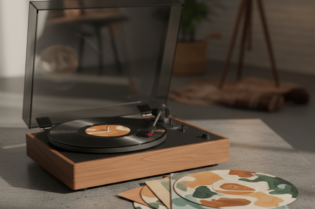 Medium shot of a black vinyl record player beside abstract-designed records on concrete surface with warm ambient lighting