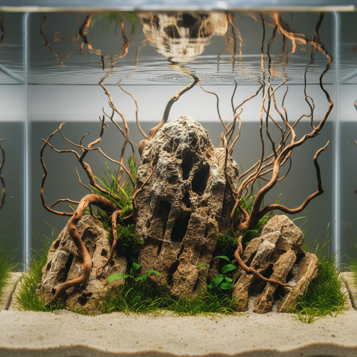 Iwagumi aquarium with large father stone, spiderwood, and lush green aquatic plants.