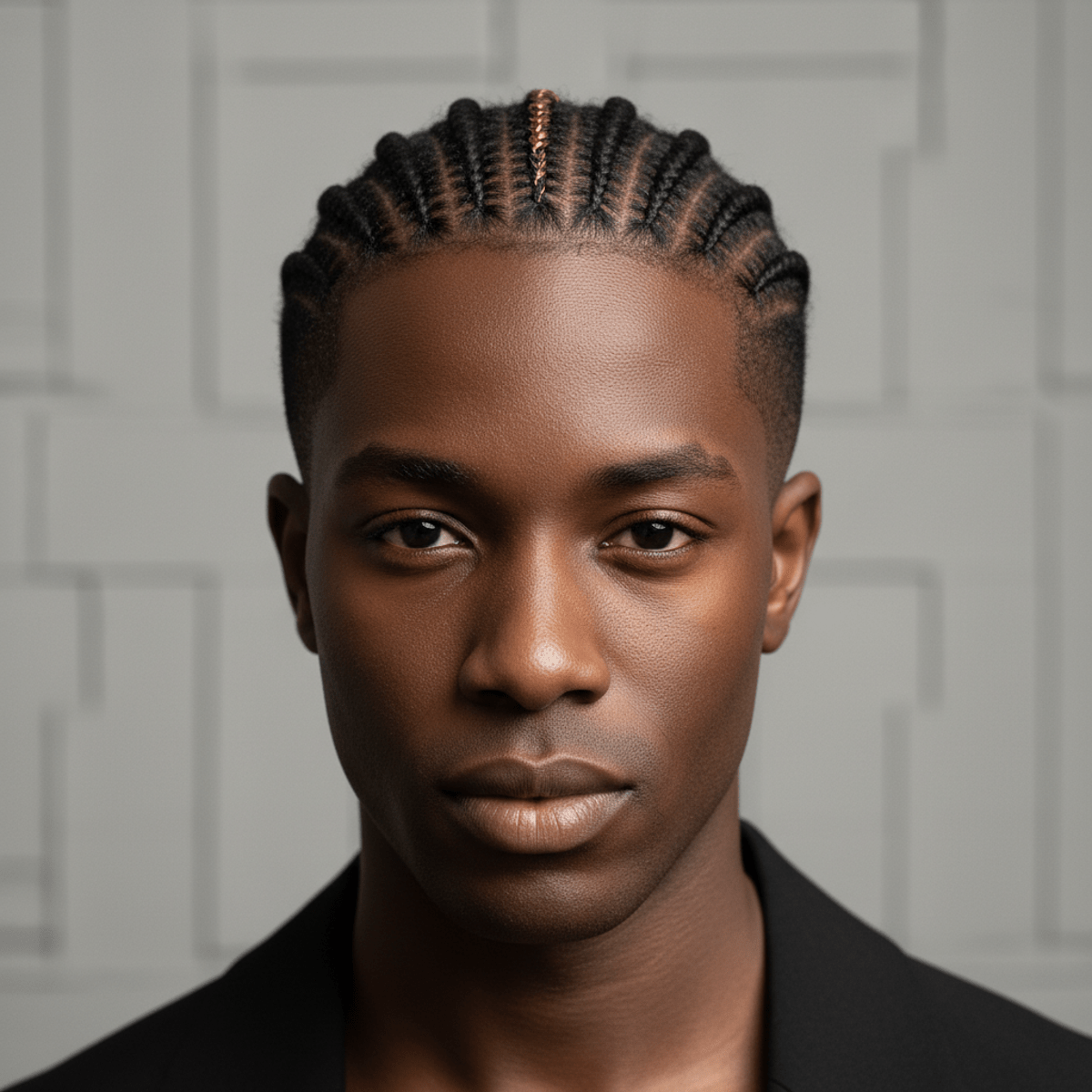 Afrofuturist cornrows with metallic gold thread in a modern urban studio.