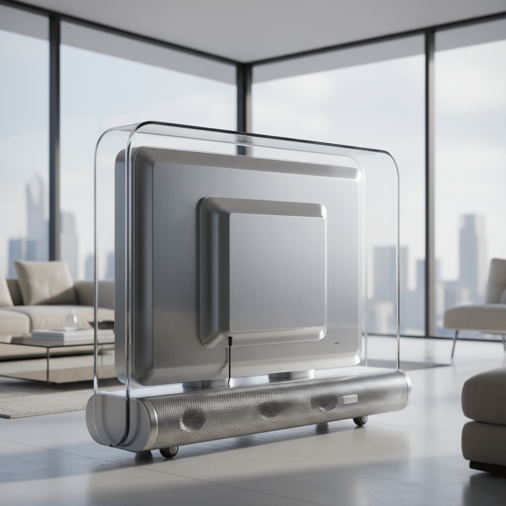 Sleek futuristic portable TV on wheels in a modern living room.