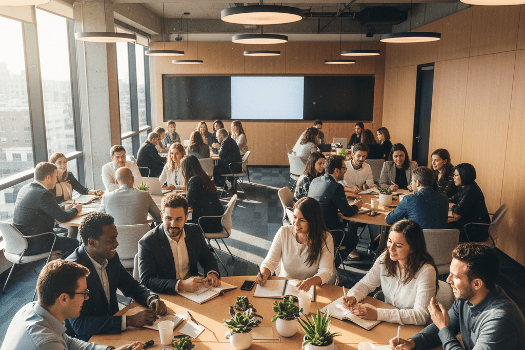 Wide shot of a sunlit office training area showcasing teamwork and inclusivity among participants