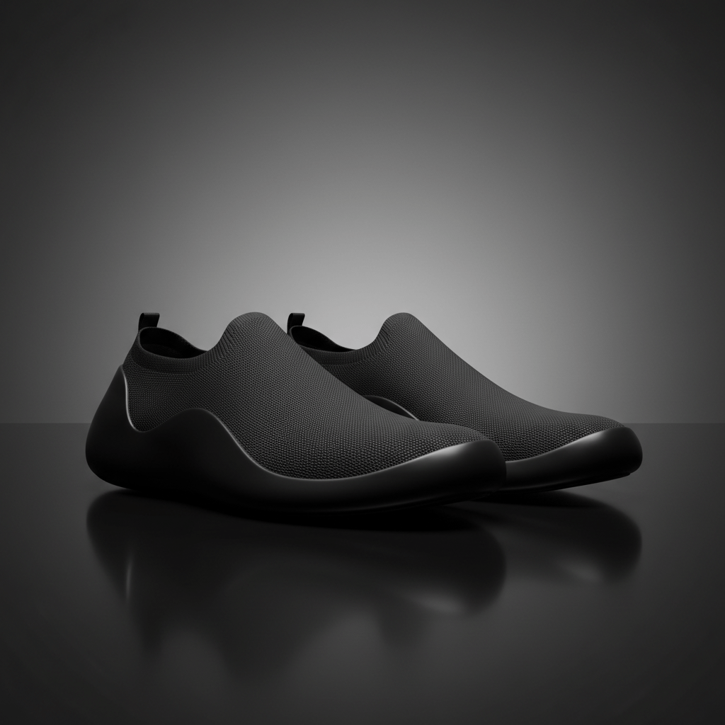 Sleek black tech-knit slip-on shoes with seamless curves on a matte surface.
