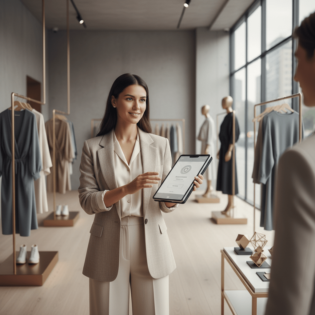 Sales associate uses a tablet to process a transaction in a modern boutique.