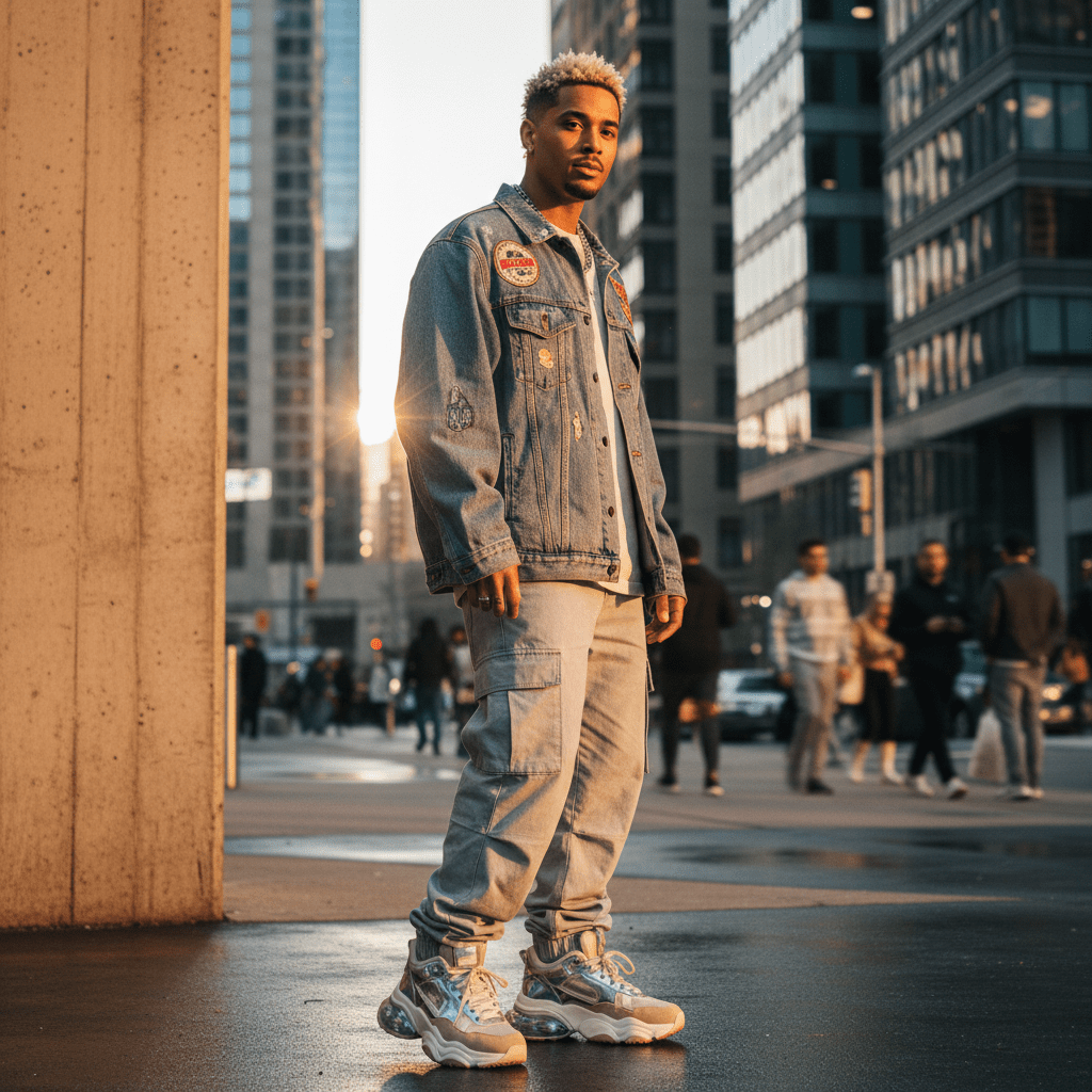 Men's Y2K urban street style with chunky bubble sole sneakers in golden hour.