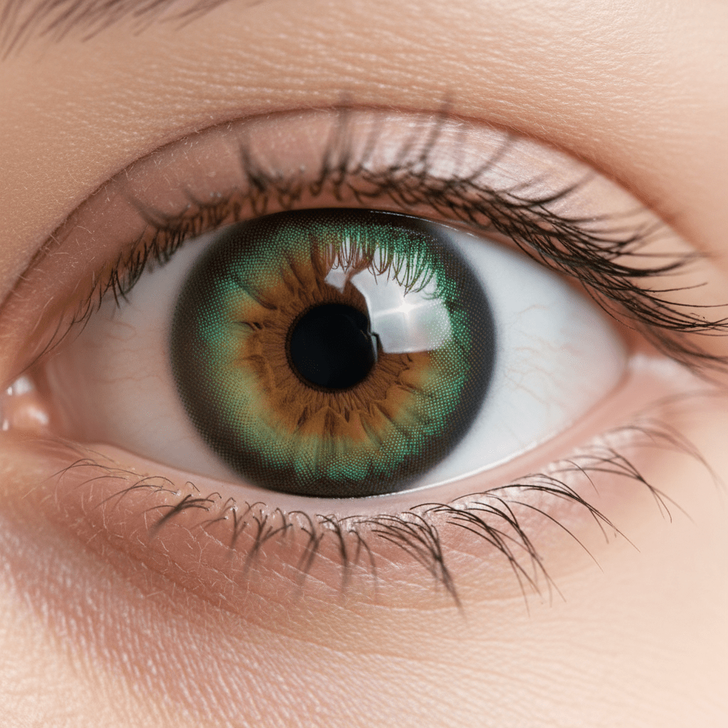 Close-up of an eye with duo-chrome colored contacts shimmering emerald green and golden bronze.
