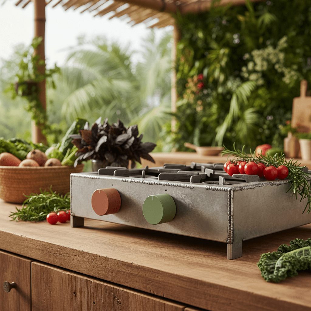 Minimalist eco-friendly stove with bio-plastic knobs surrounded by fresh produce.