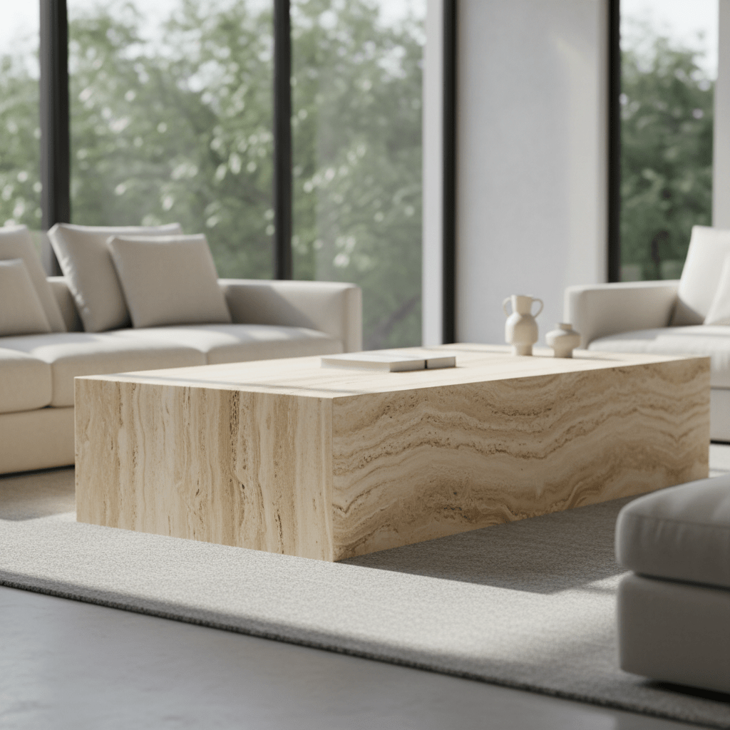 Minimalist travertine coffee table in a serene modern living room with soft daylight.