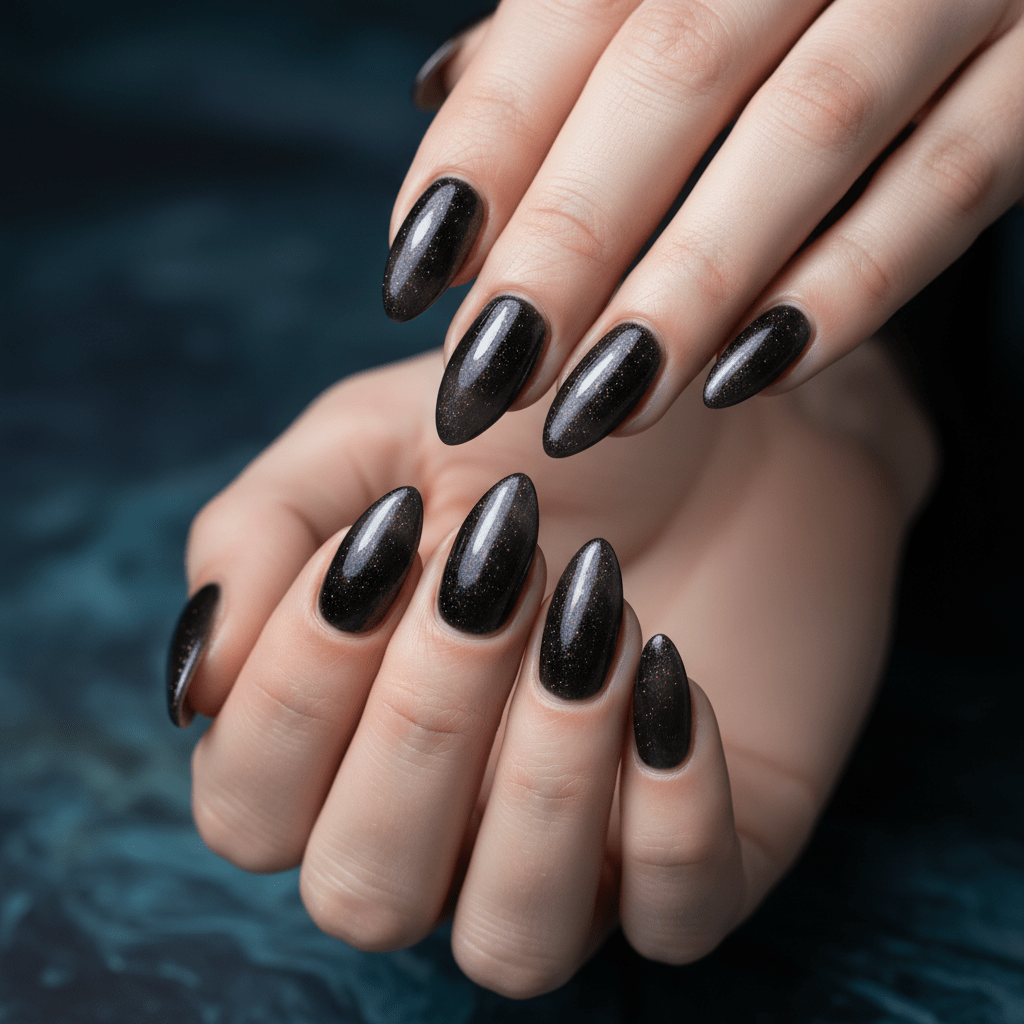 Elegant hands with charcoal chrome nails shimmering like black pearls.