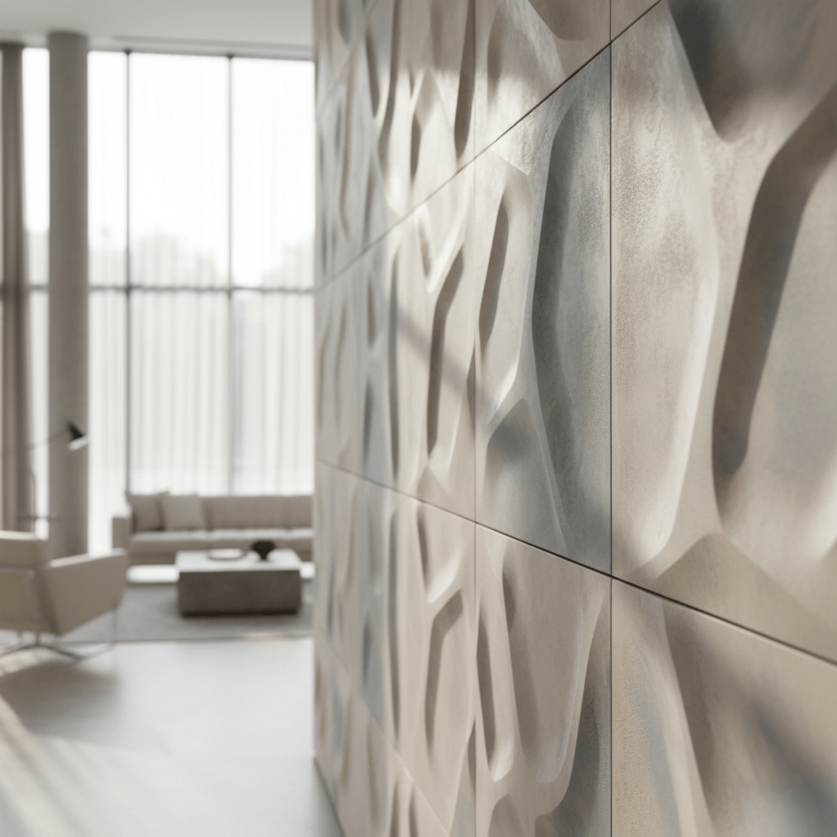 Sculptural geometric wall panels in a luxury hotel lobby. Modern gypsum wall paneling with fluid 3D geometric patterns in a hotel lobby.