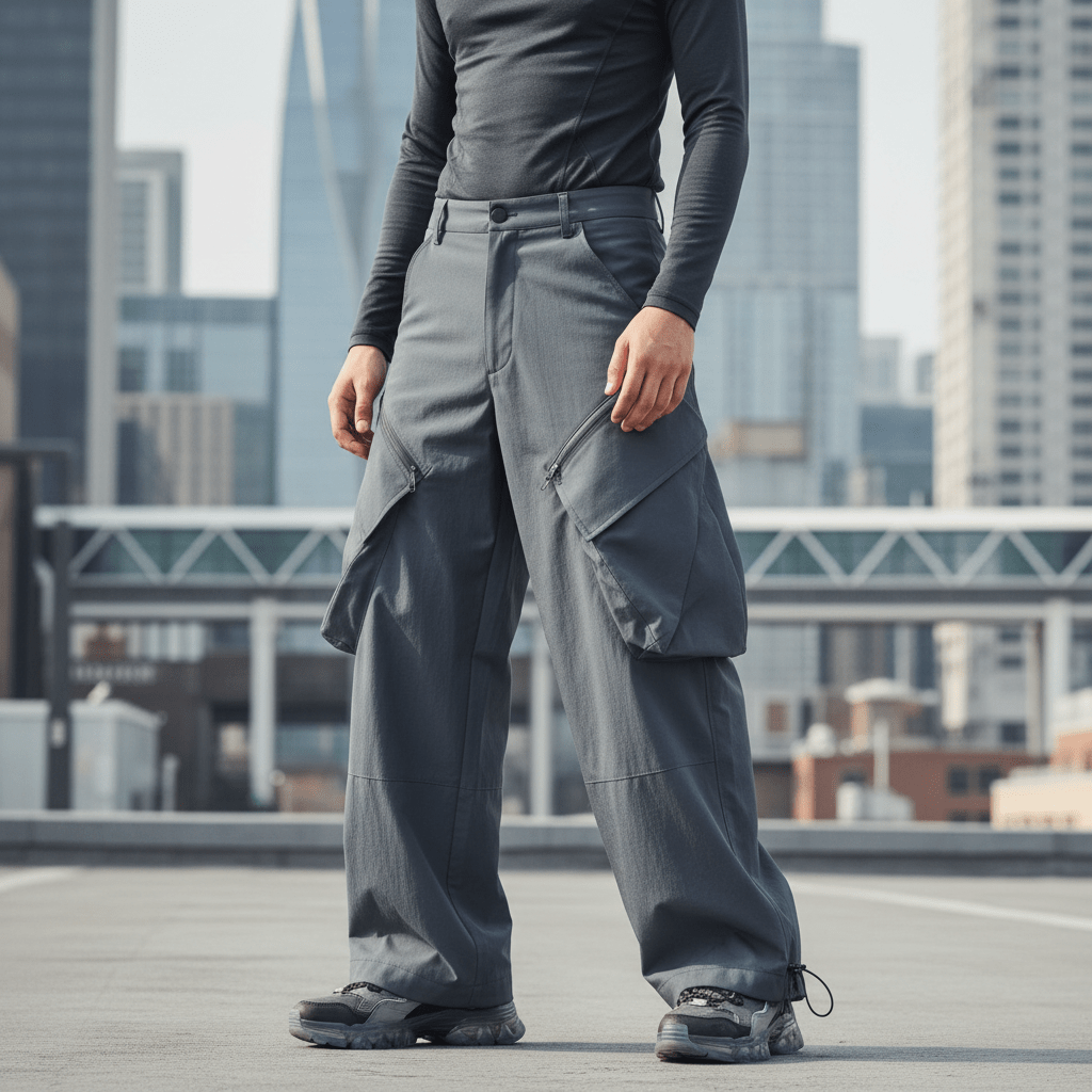 Urban explorer in tech pants and sneakers on a city rooftop in diffused daylight.