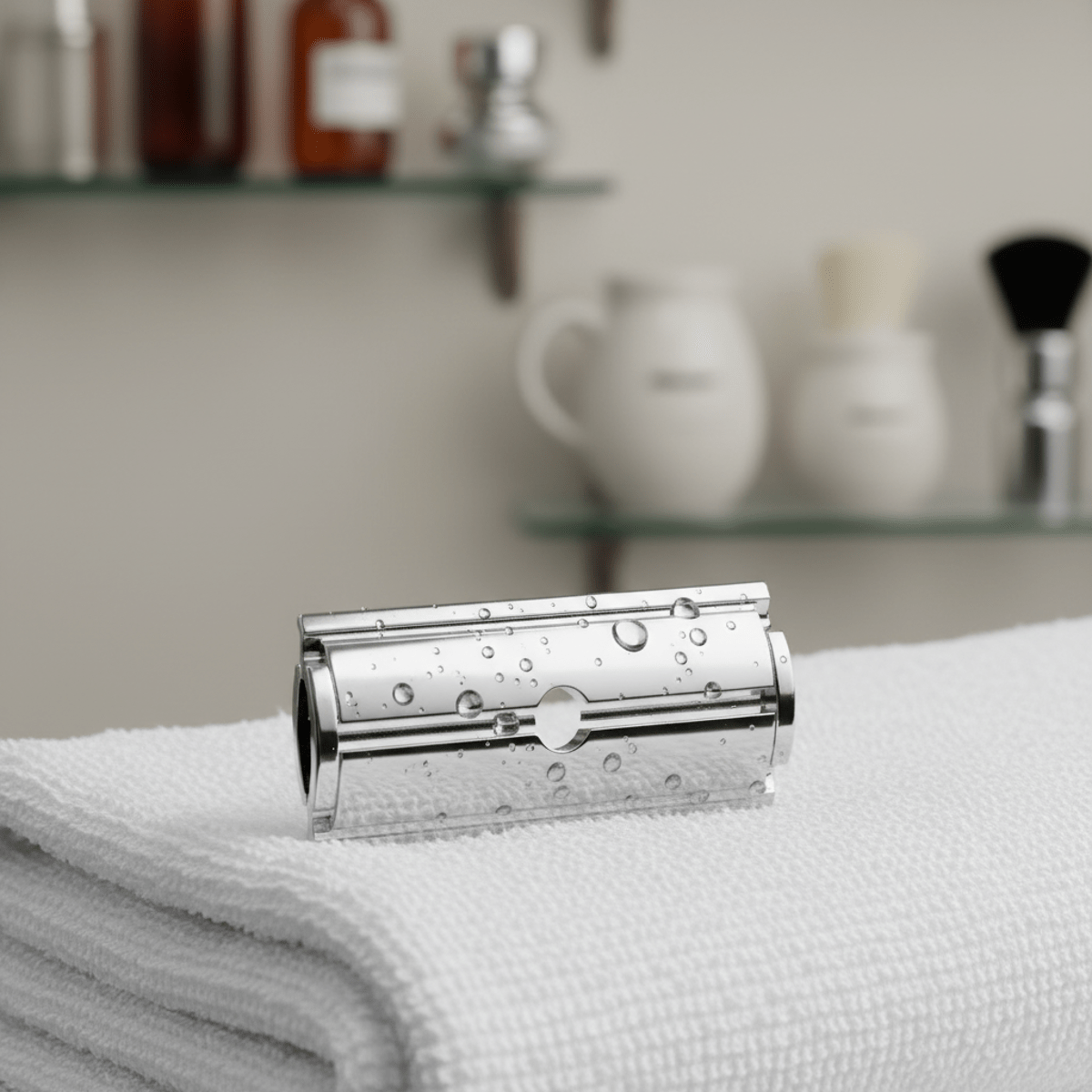 Close-up of a single safety razor blade on a white towel showing water droplets.