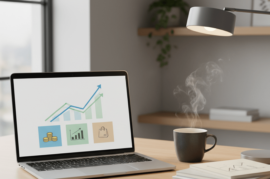 Medium shot of laptop showing abstract revenue analytics dashboard beside notebooks and mug on sunlit desk, no people or branding