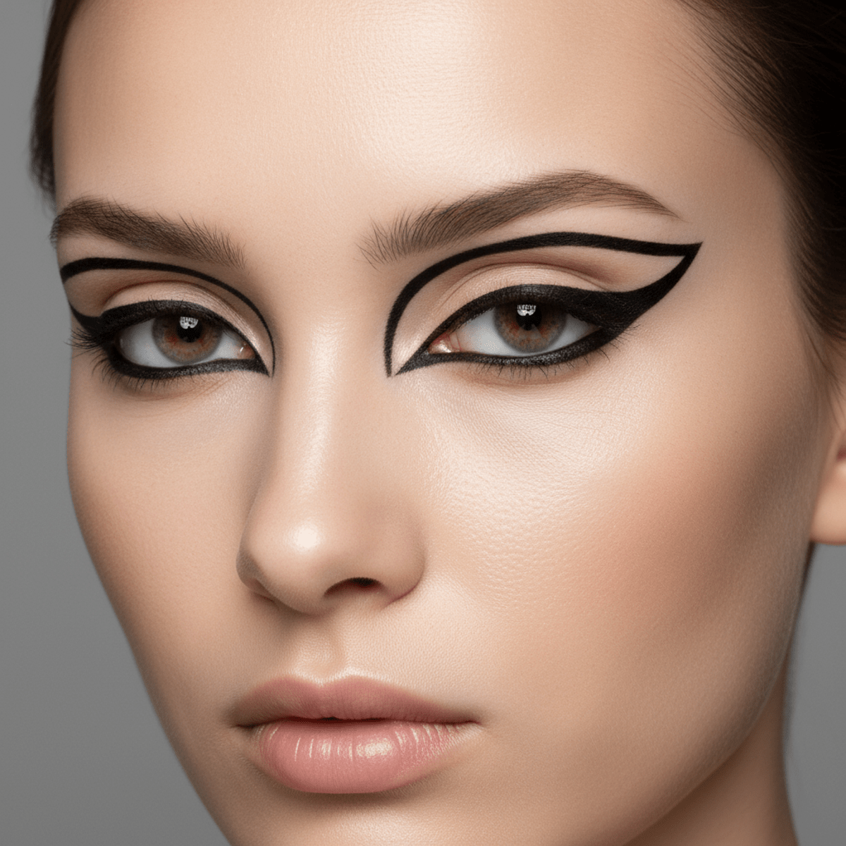 Bold matte black geometric wing eyeliner with natural skin visible underneath.