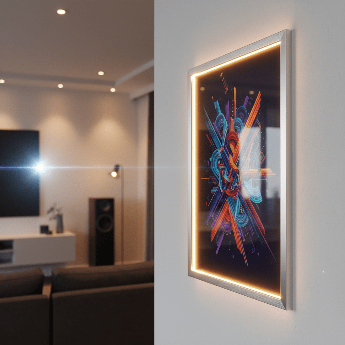 Modern home theater poster frame with soft LED glow Sleek LED-backlit frame with brushed aluminum edges displaying artwork in a home theater.