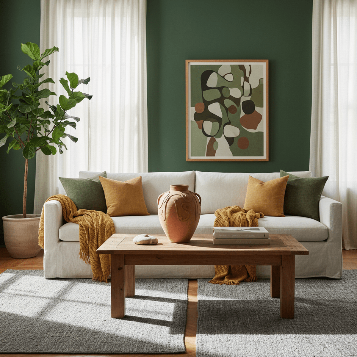 Serene living room with natural textures and warm accents Serene living room with moss green walls, terracotta vase, and organic cotton throws.