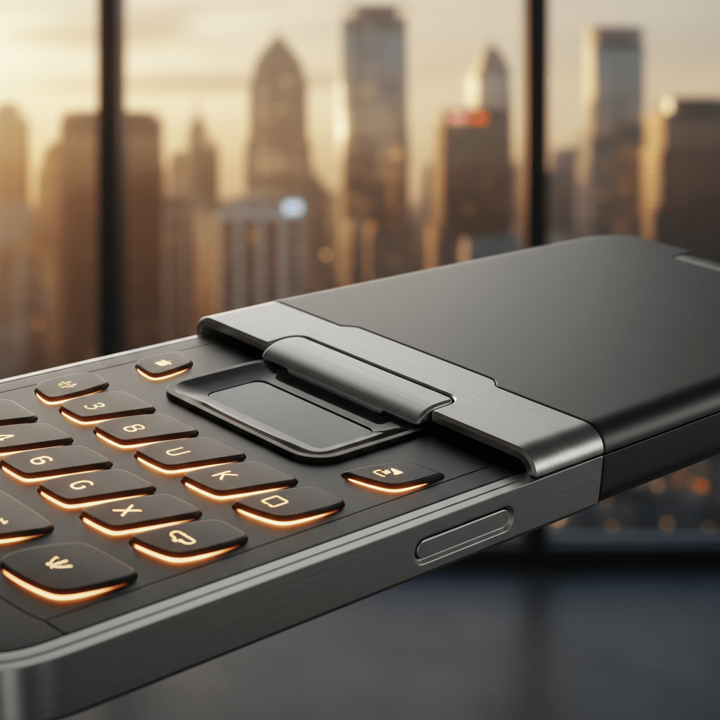 Concept slider phone in charcoal and silver with curved glowing keys.