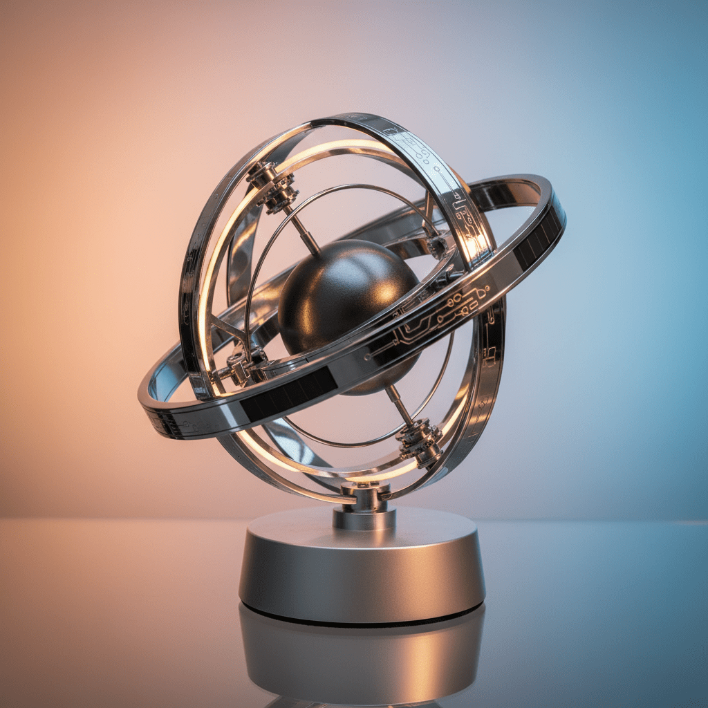 Futuristic kinetic art piece with chrome rings. Futuristic solar-powered kinetic art with chrome rings orbiting a dark sphere.