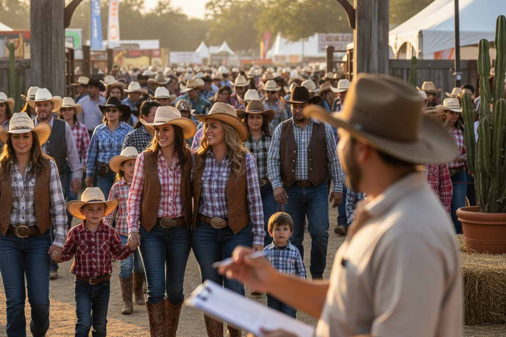 Diverse attendees wearing Western-themed outfits entering a lively rodeo event during daytime
