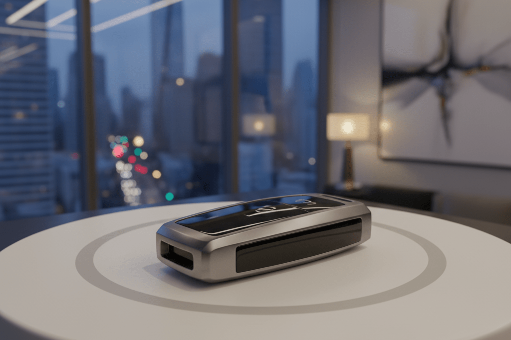 Close-up of an elegant key fob on a charging pad under warm ambient light, representing advanced yet cost-effective electric vehicle solutions