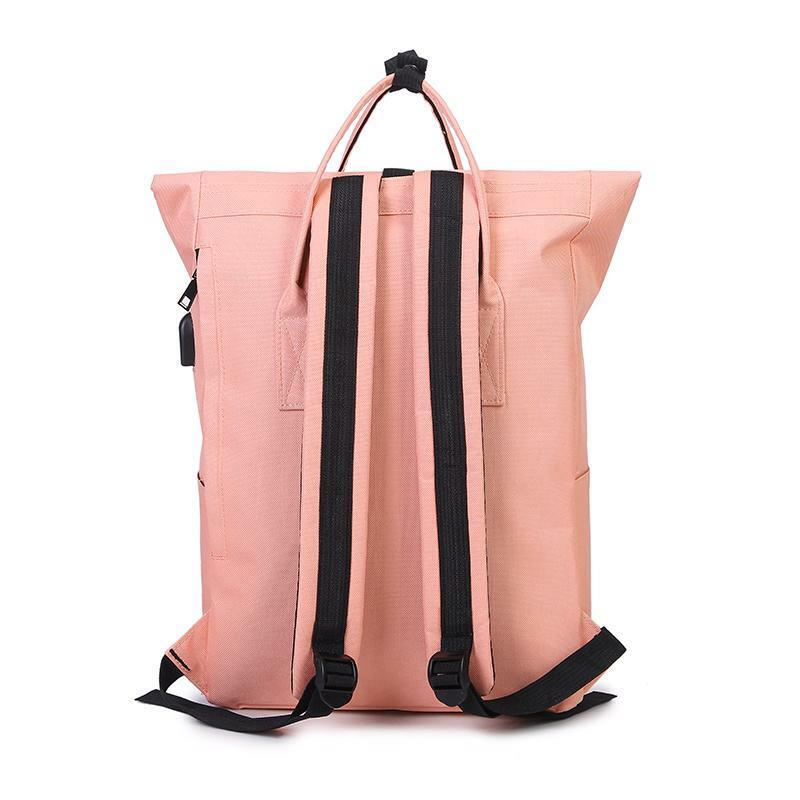 USB 충전으로 핑크 재활용 rpet 롤탑 배낭 패션 롤업 여행 배낭 데이팩