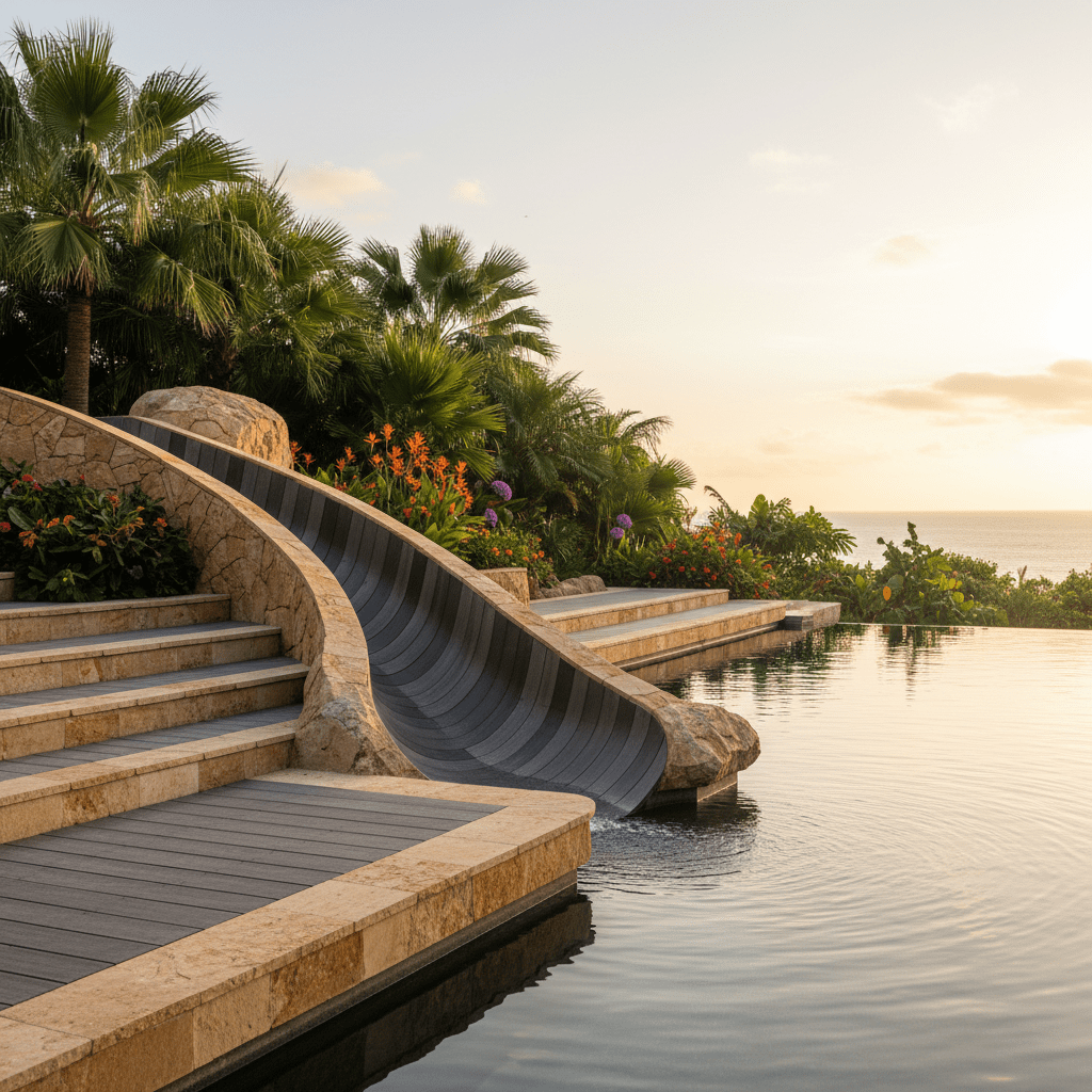 Luxury pool slide with natural stone and composite deck leading to infinity edge pool.