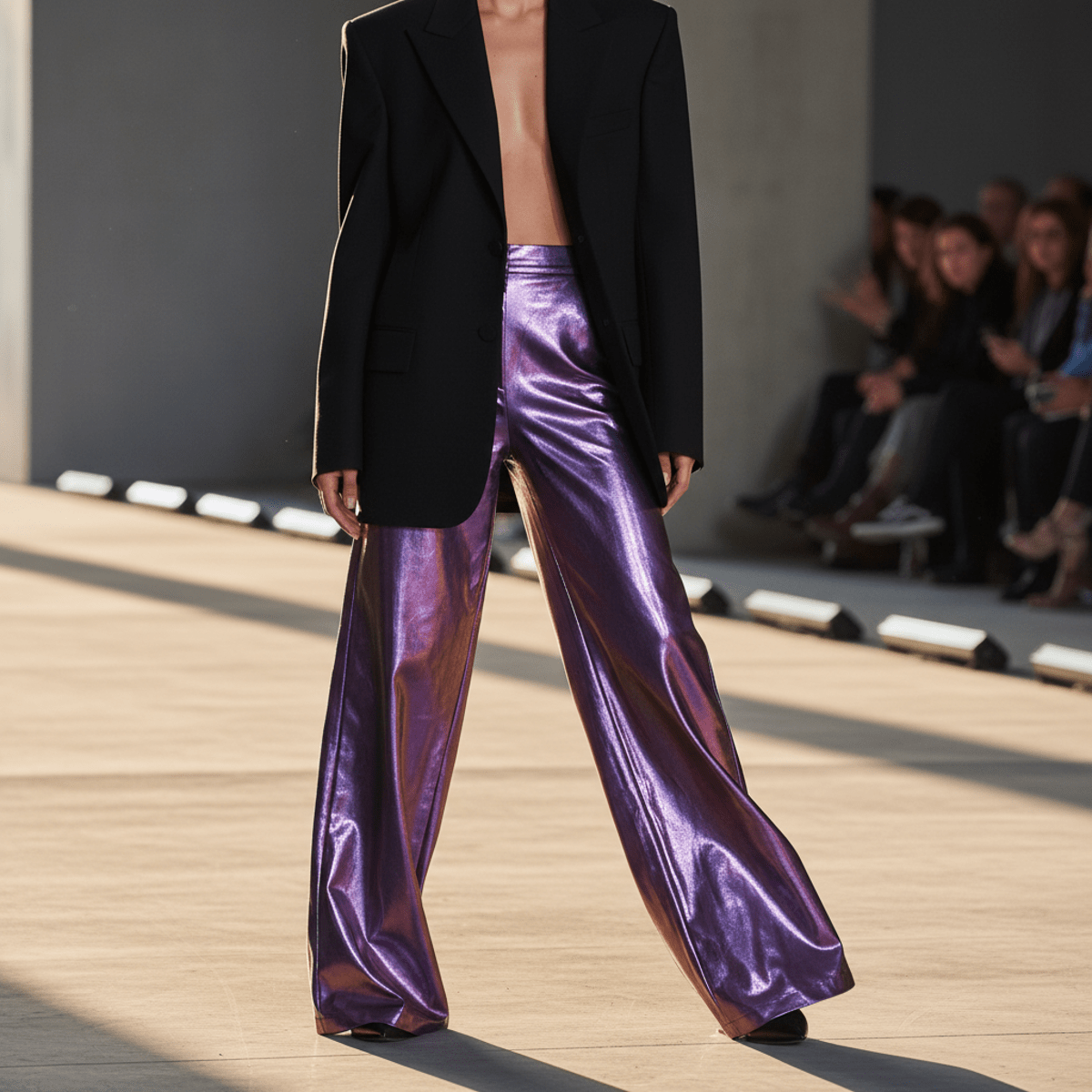 Elegant iridescent purple liquid-metal palazzo pants with molten texture on a runway.