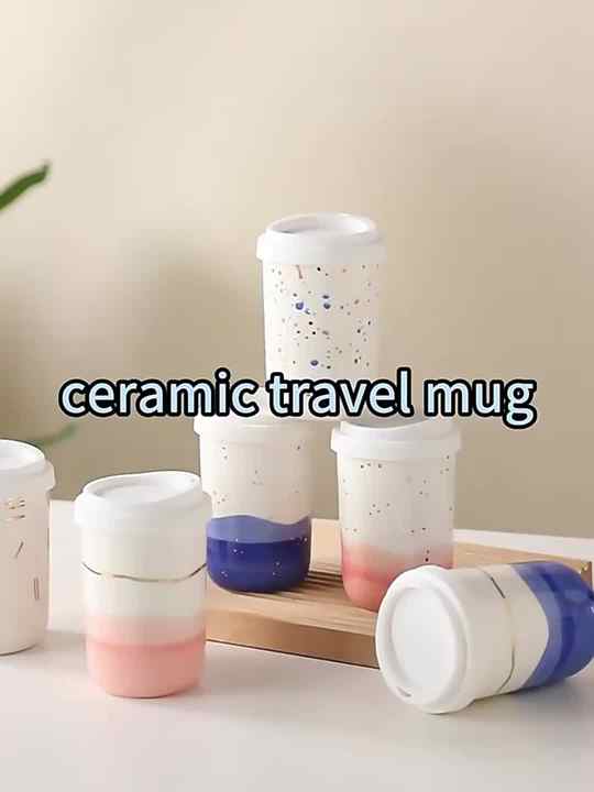 Take Away Porcelain Thermal Coffee Mugs with Printed Logo Water Mug Double  Wall Coffee Cup Ceramic Travel Mug with Silicone Lid