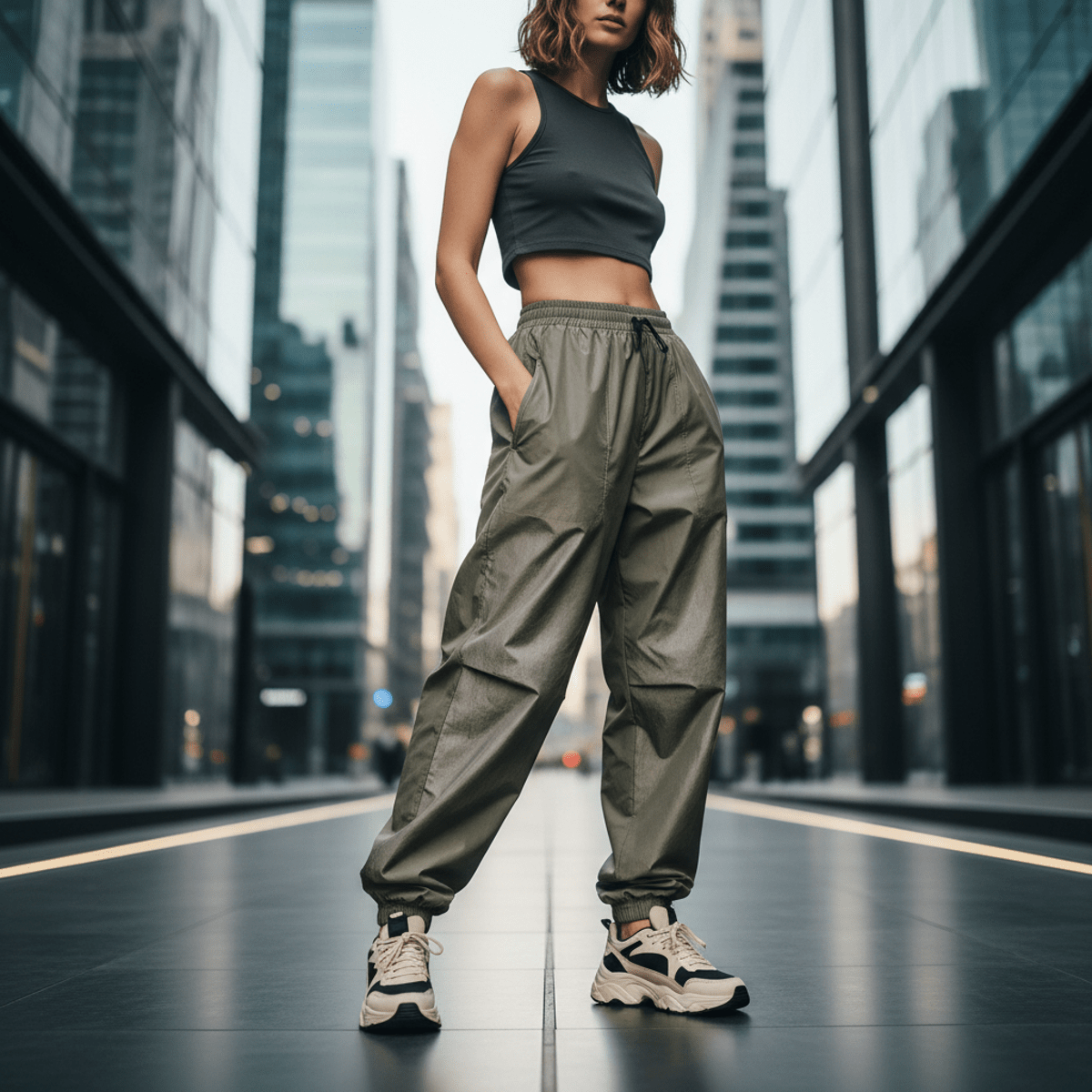 Model in future city street wearing 80s inspired parachute pants with subtle sheen.