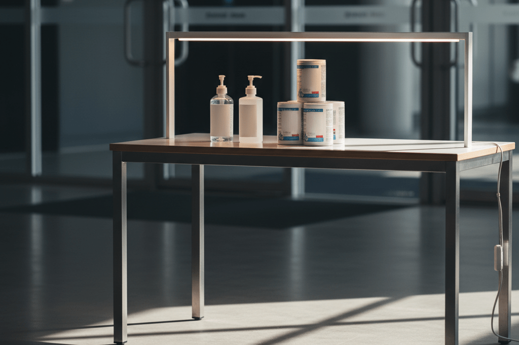 Venue entrance showcasing sanitization products under ambient lighting, highlighting readiness for health crises