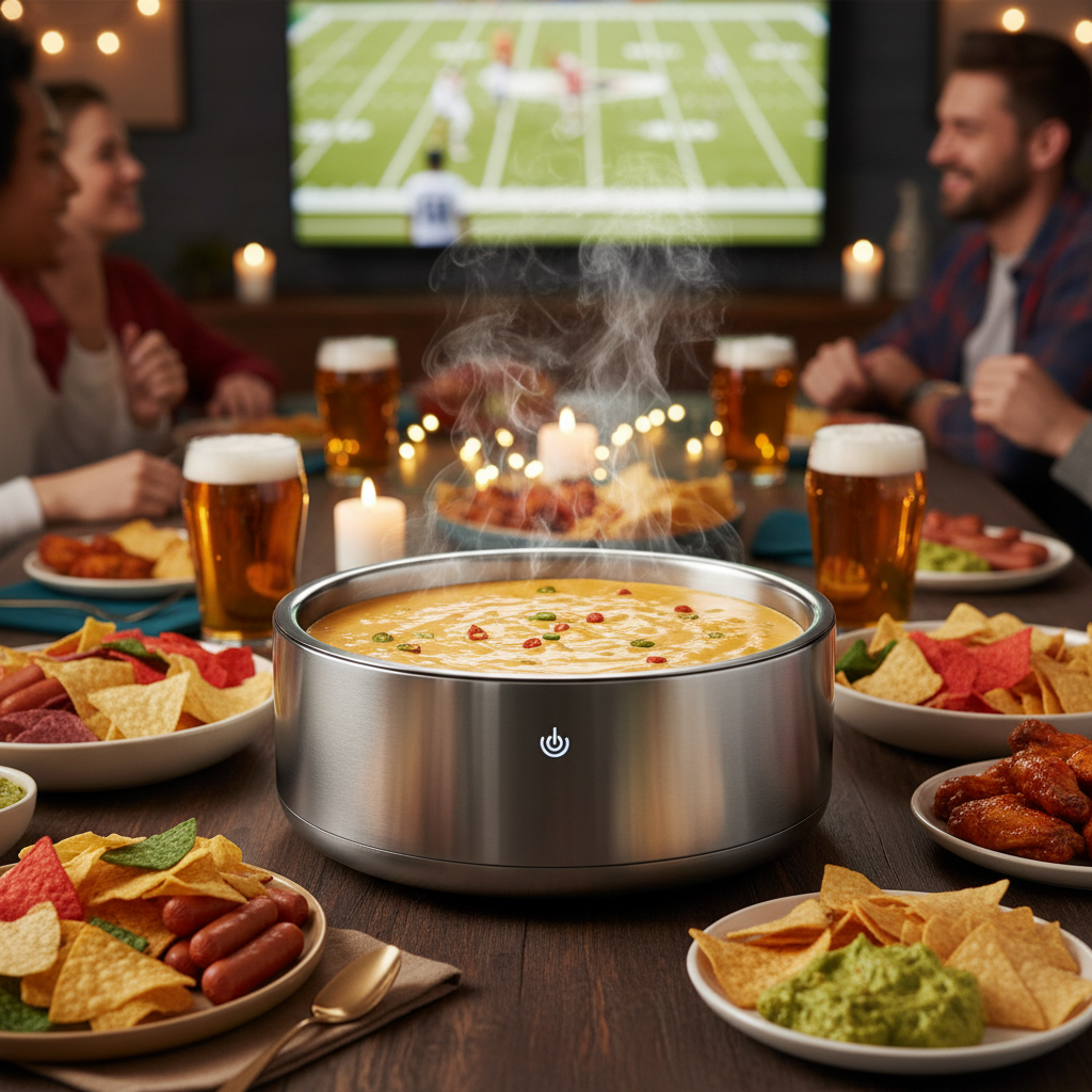 Modern soup warmer filled with melted queso dip at a lively party.