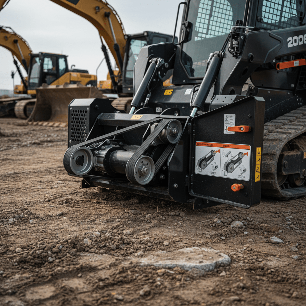 Close-up of skid steer mulcher belt drive mechanism on construction terrain.