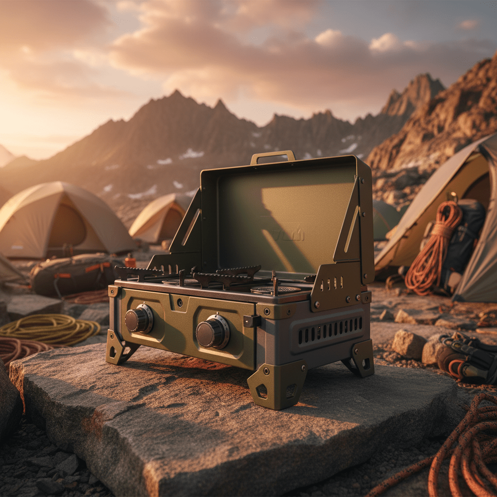 Rugged olive drab camping stove on a rocky mountain campsite at golden hour.