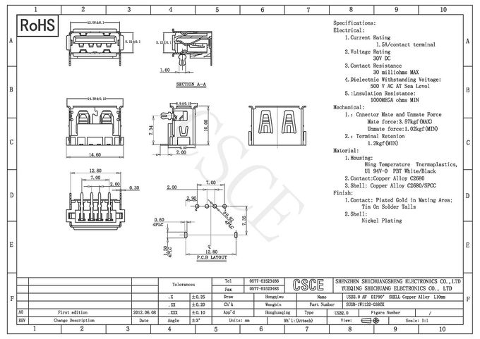 USB 2.0 Connector DIP 90 Degree type A short body 4 Pin USB Female Jack