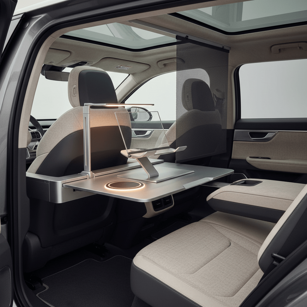 Futuristic SUV interior transformed into a rear-seat mobile office with workstation.