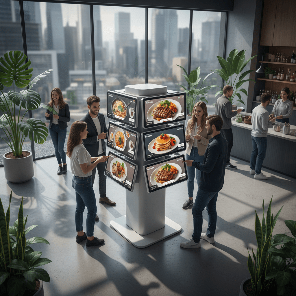 Overhead view of a modern cafe with self-service kiosks and digital menus.