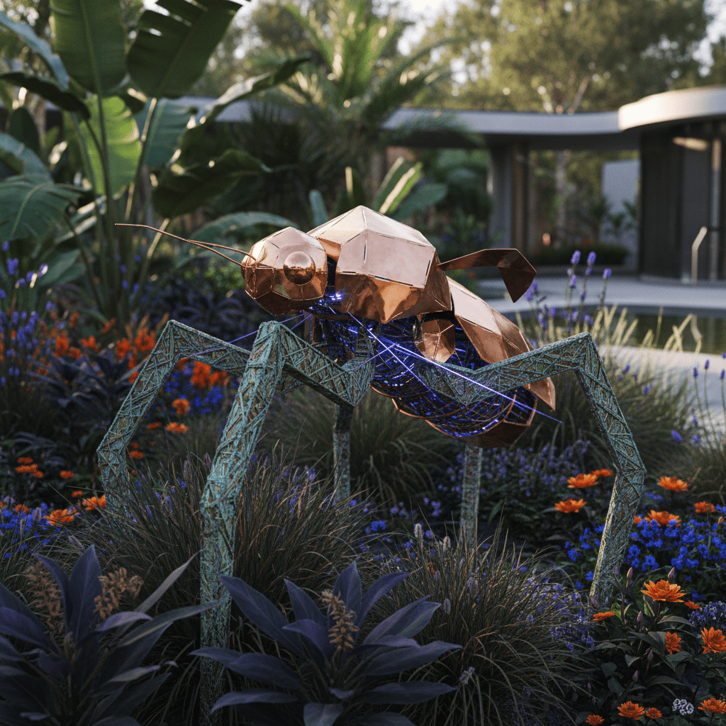 Modern kinetic laser bug zapper in a garden setting. Kinetic sculptural laser bug zapper crafted from polished copper and weathered steel in a garden.
