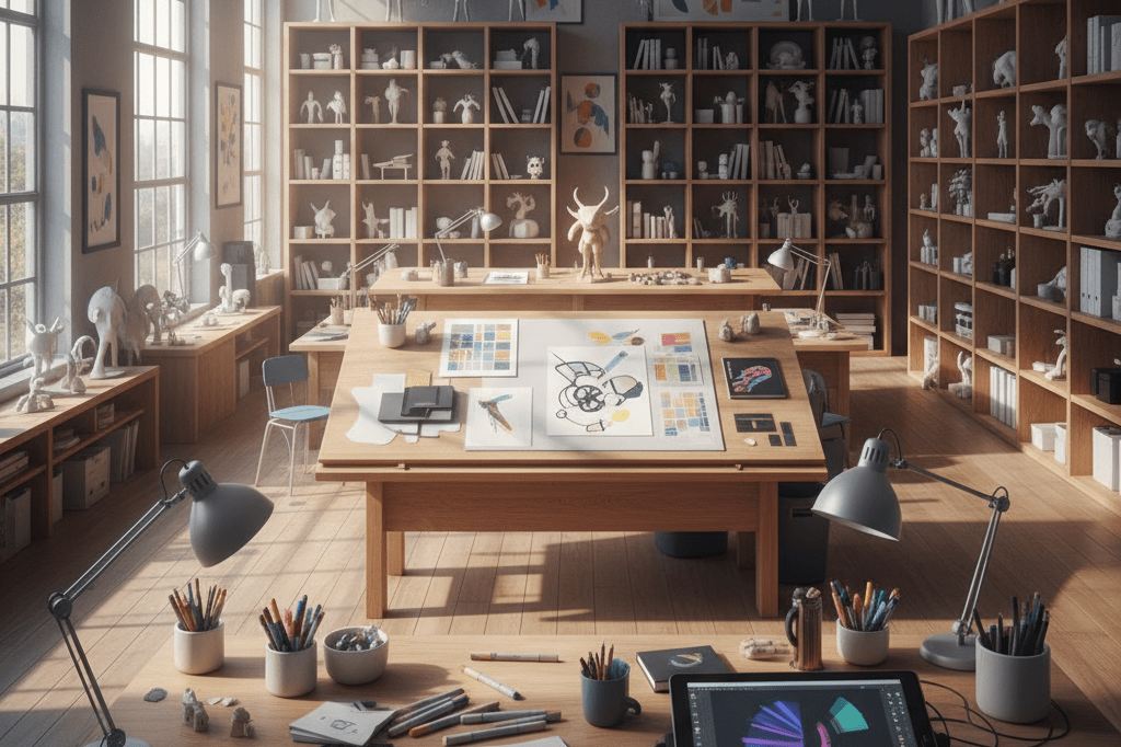 Wide shot of an animation studio with drafting table, maquettes, and tools under natural light, symbolizing creative flexibility