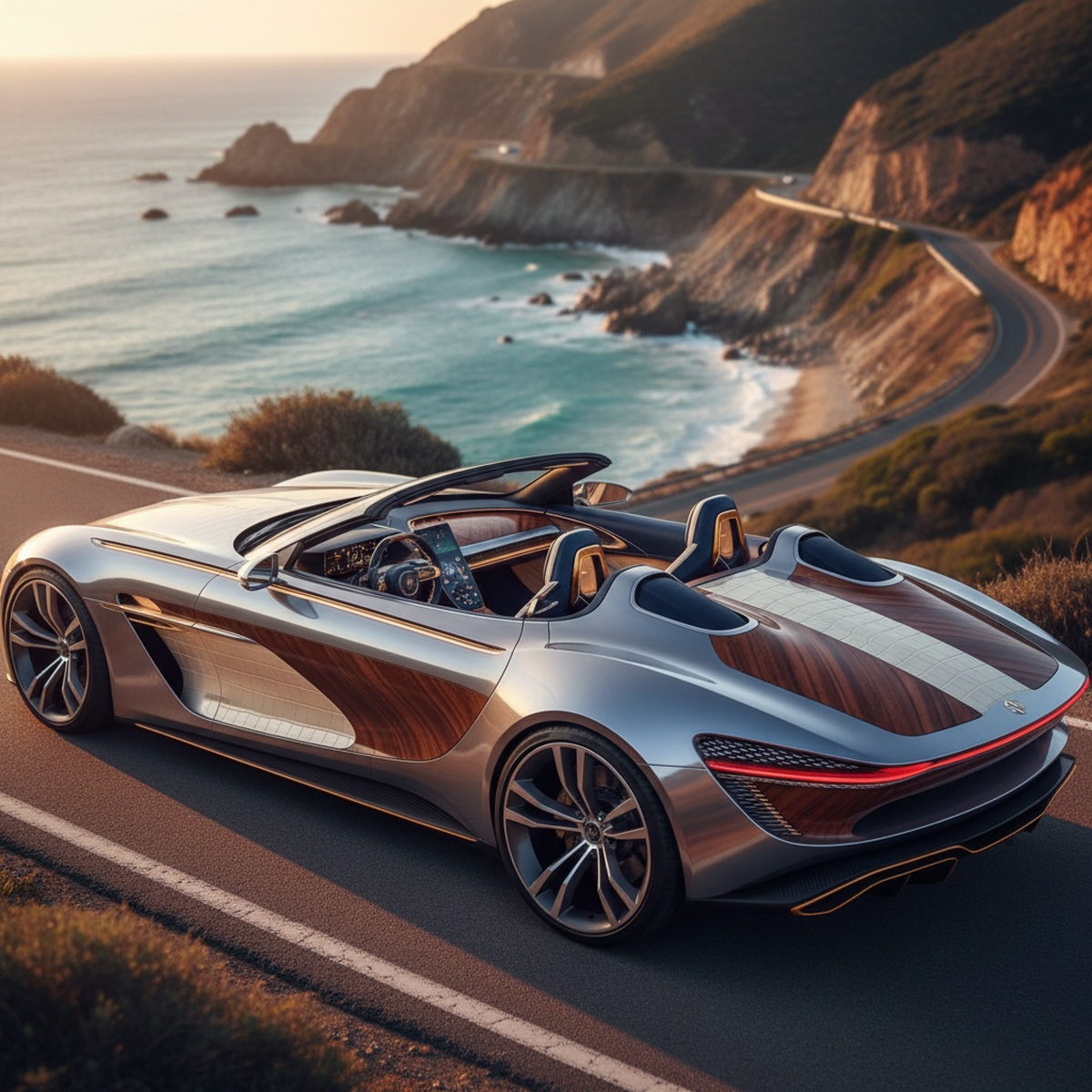 Luxury convertible with exotic materials on a coastal road at golden hour.