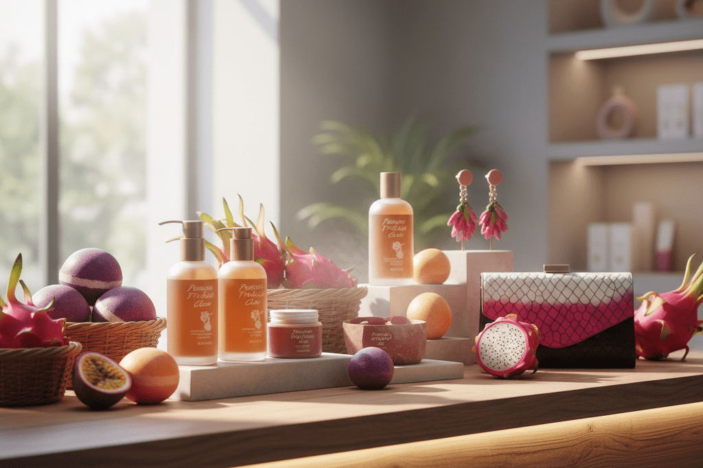 Artistically arranged passion fruit cosmetics and dragon fruit accessories under warm ambient light, emphasizing exotic aesthetics