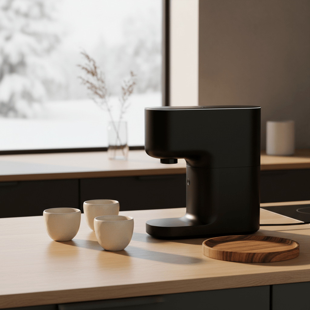 Minimalist matte black coffee grinder in a Scandinavian kitchen with ceramic cups.