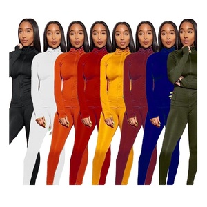 08AF201 high quality pure color casual tight zipper long sleeve women sport 2 piece set