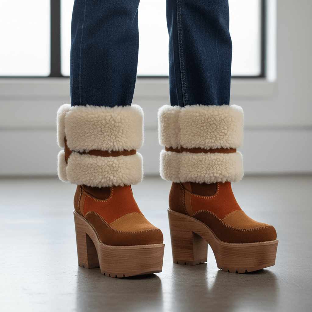 1970s-inspired suede and shearling platform boots Warm cognac suede boots with cream shearling and 70s platform soles.