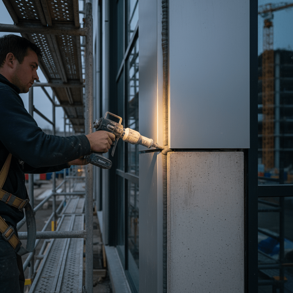 Worker applies sealant to building expansion joint with cordless caulking gun.