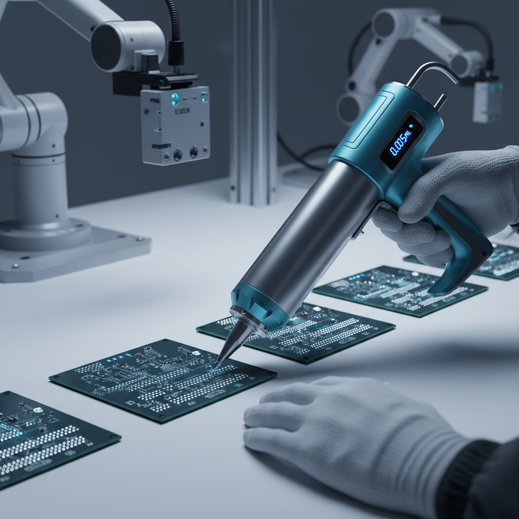 Worker precisely applies adhesive microdots with a futuristic caulking gun onto circuit boards.